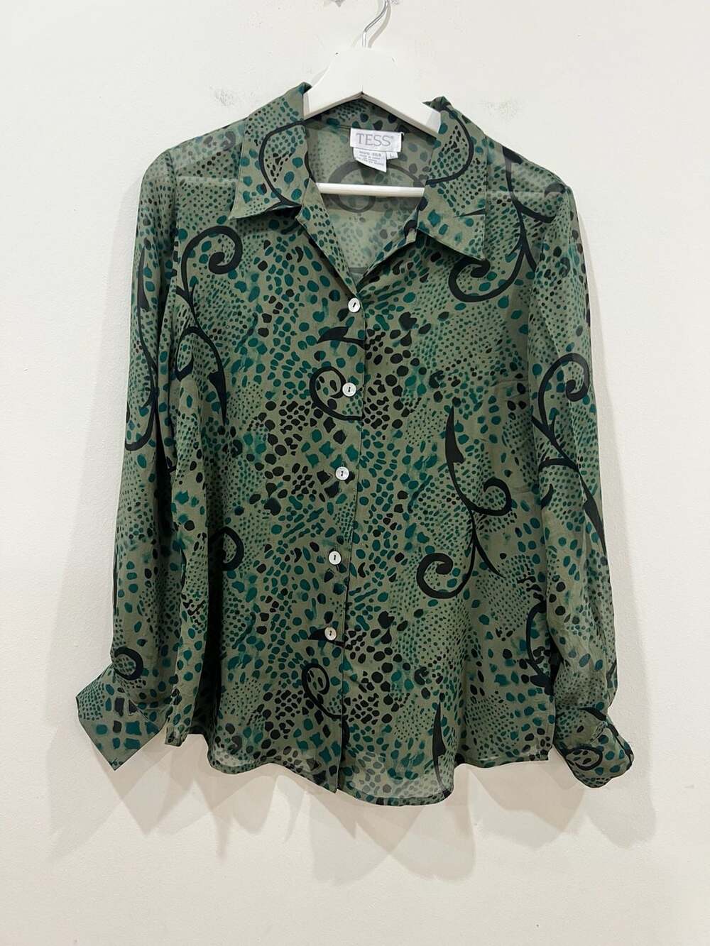 VTG Silk Blouse Green and Black Patterned Button Down Size L